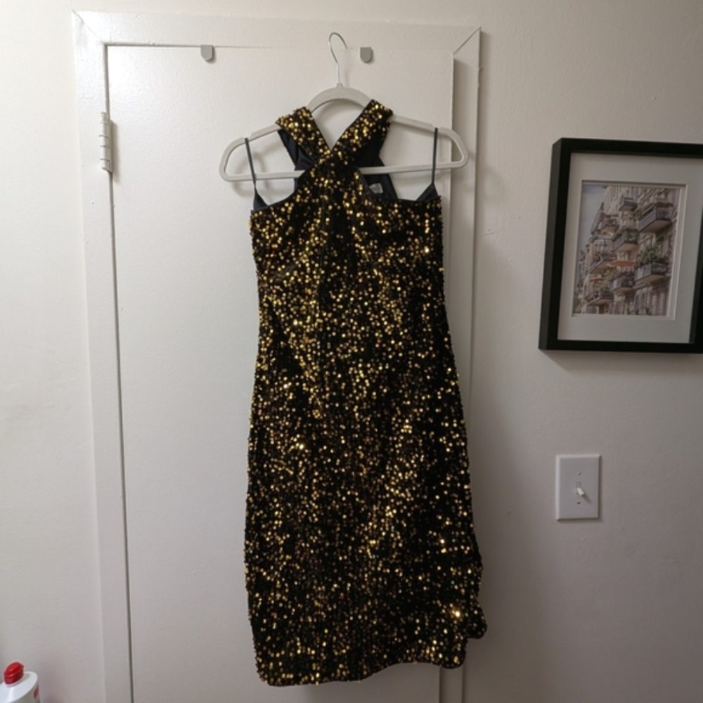 Grace Karin Gold and Black Sequin Halter Cocktail Dress